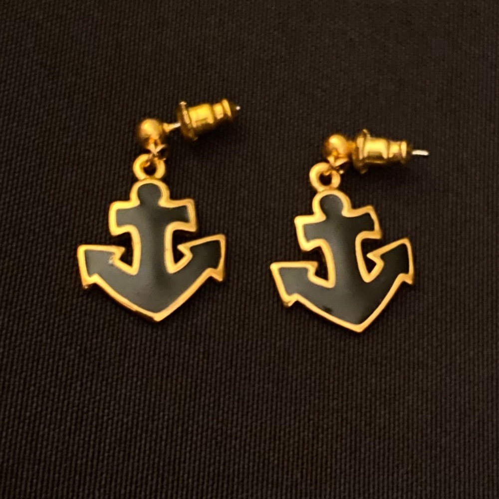 Napier Gold Tone Black Anchor Pierced Earrings